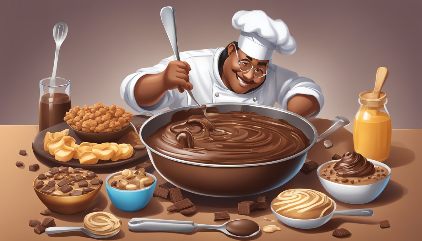 A chef stirring melted Snickers into a rich, chocolatey batter, surrounded by an array of dessert ingredients and utensils