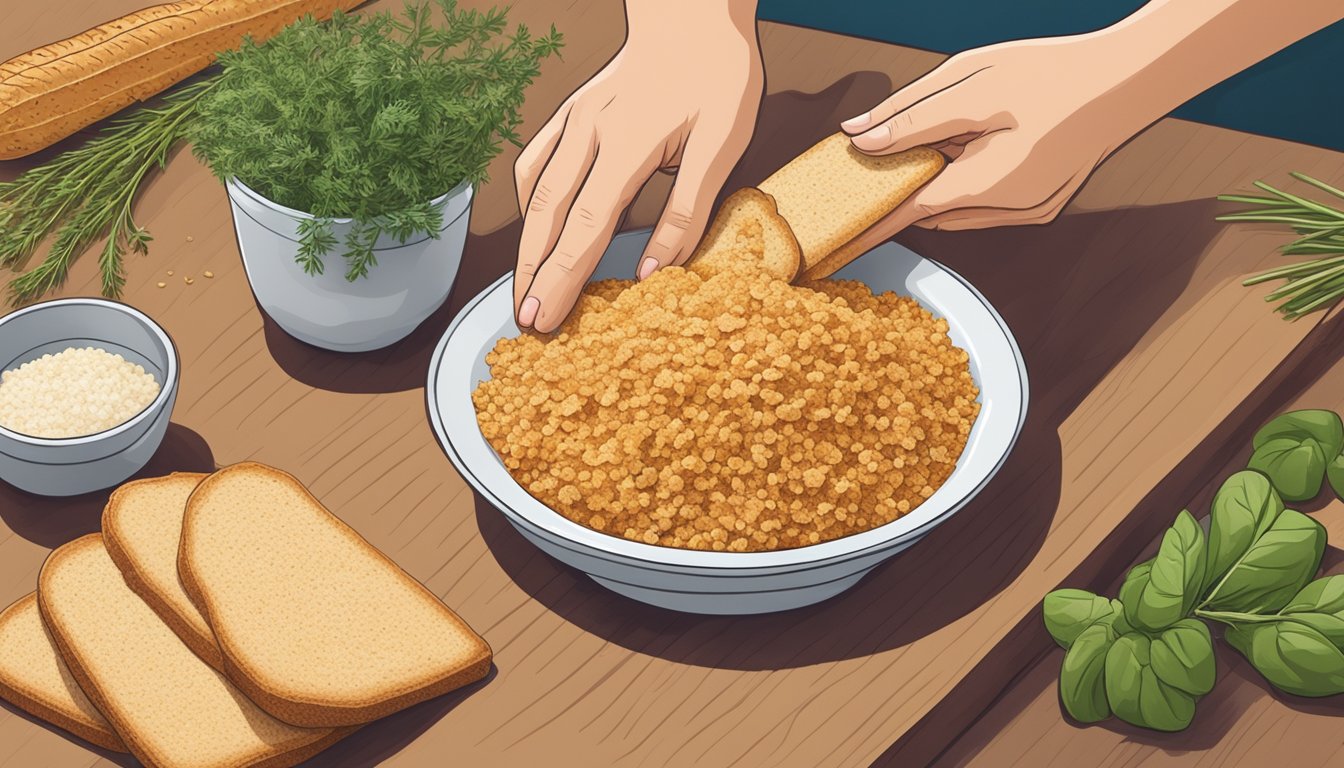 A hand reaching for a box of Wheat Thins next to a cutting board with fresh herbs and a bowl of breadcrumbs