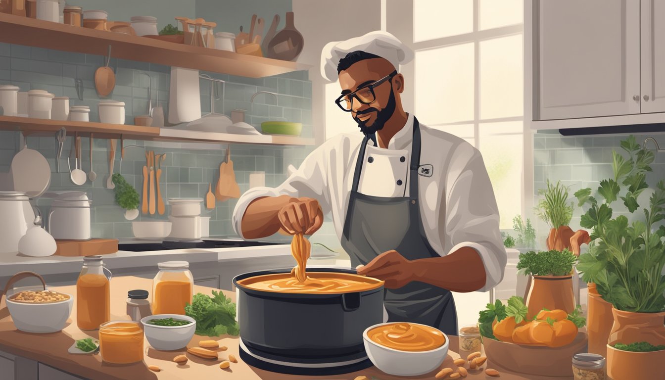 A chef stirring Skippy peanut butter into a simmering pot of savory sauce, surrounded by various herbs and spices on a kitchen counter