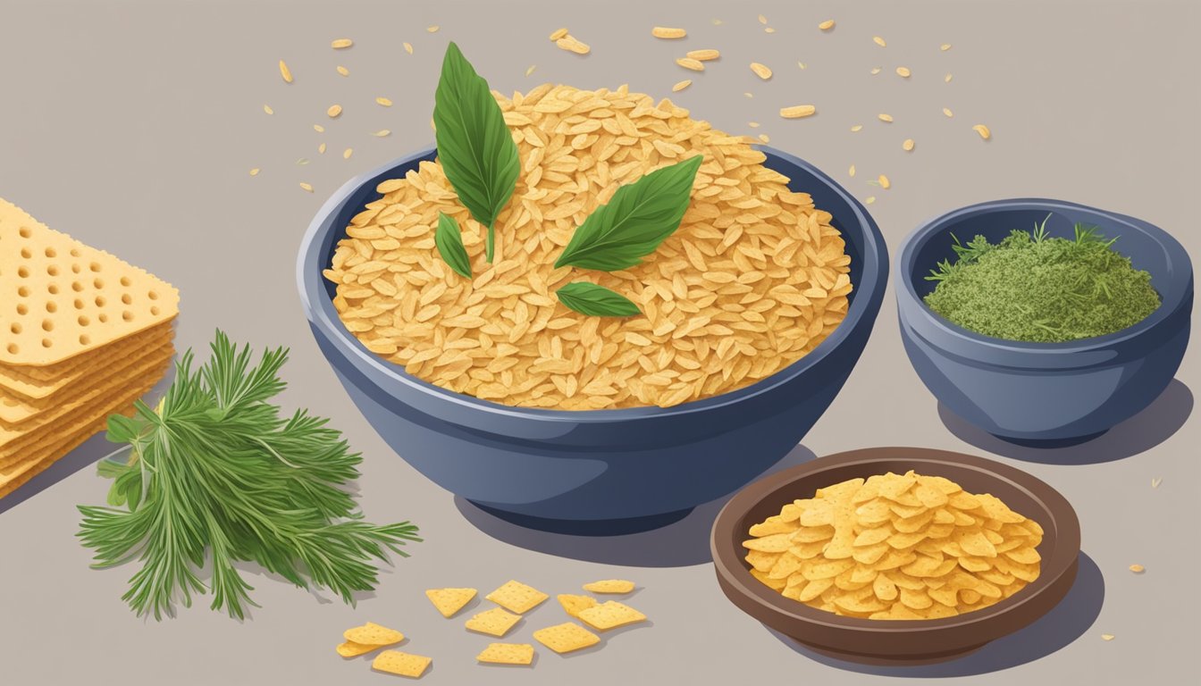 A hand mixing crushed Wheat Thins with herbs in a bowl