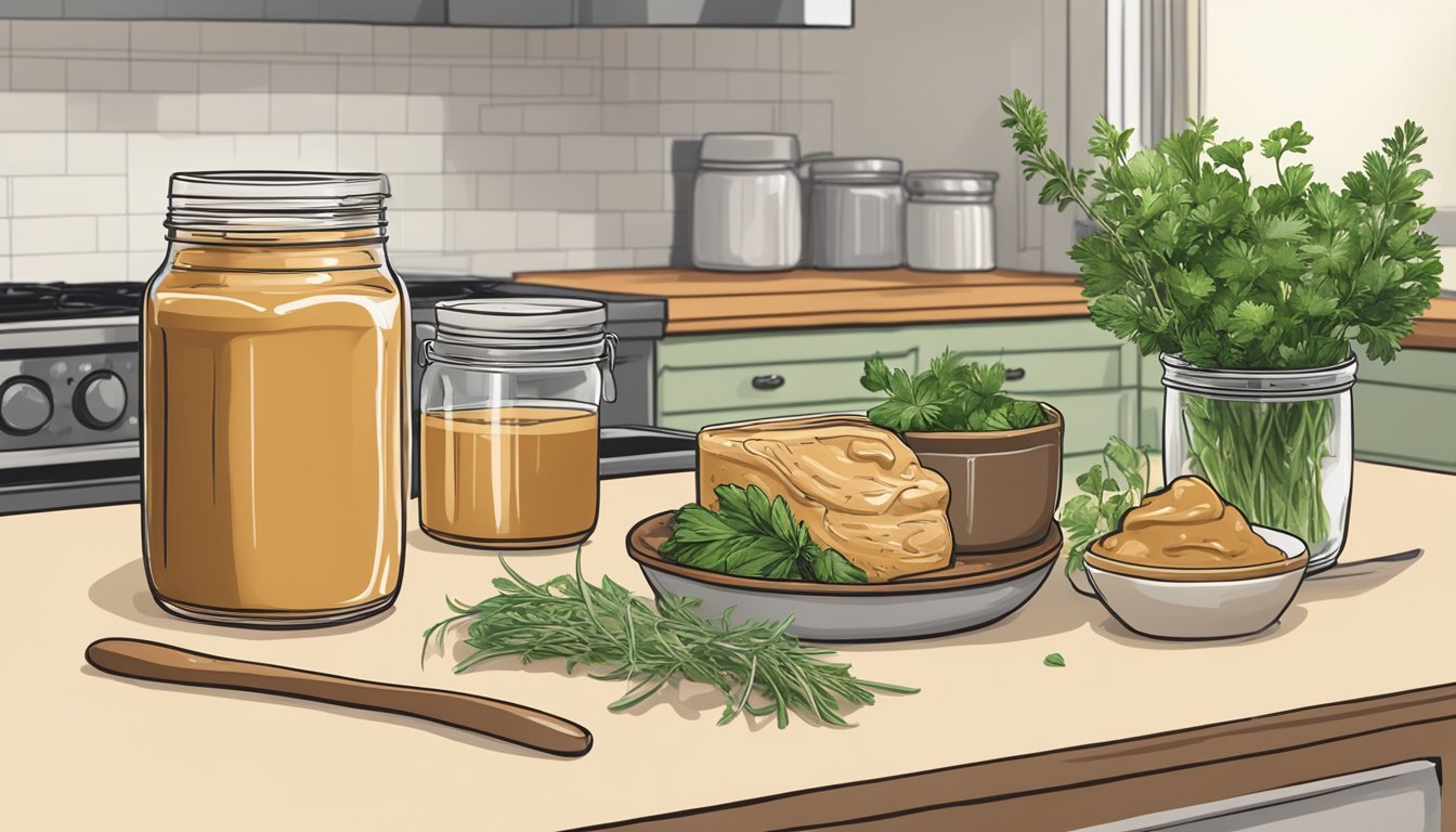 A kitchen counter with Skippy peanut butter jar, fresh herbs, and other quality ingredients for cooking savory sauces