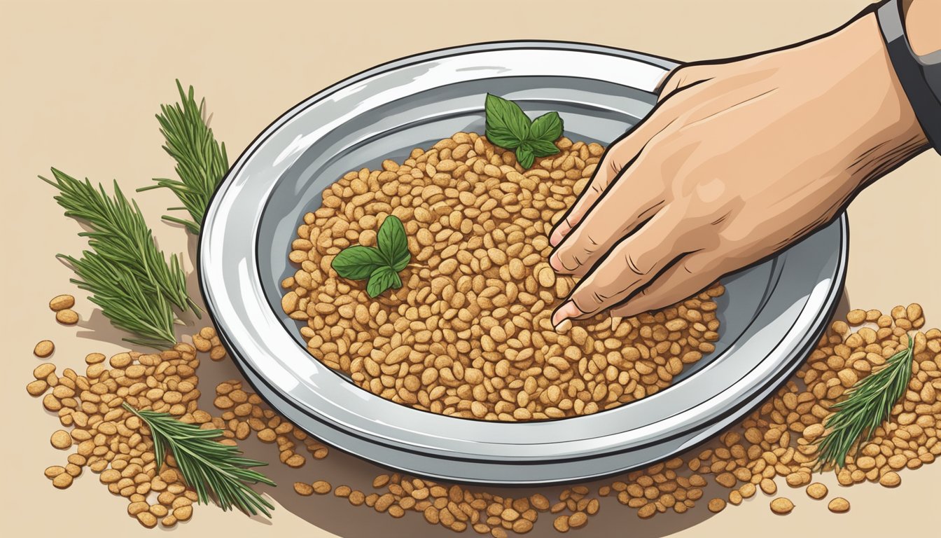 A hand reaching out to sprinkle crushed Wheat Thins onto a dish of herbs and spices