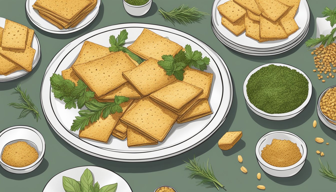 A plate of herb-crusted dishes with Wheat Thins scattered around, ready to be used as accompaniments