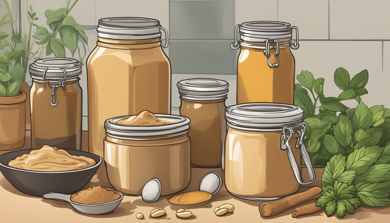 A jar of Skippy peanut butter surrounded by various herbs, spices, and cooking utensils on a kitchen counter