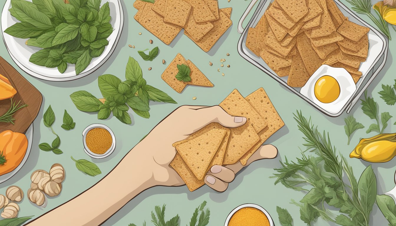 A hand reaching for a handful of Wheat Thins, surrounded by fresh herbs and spices on a kitchen counter