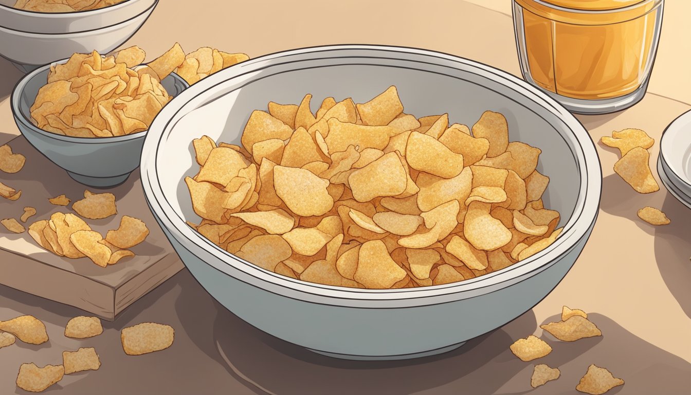 A bowl of crushed Sun Chips sits next to a plate of raw chicken. A hand reaches for the chips, ready to coat the meat for cooking