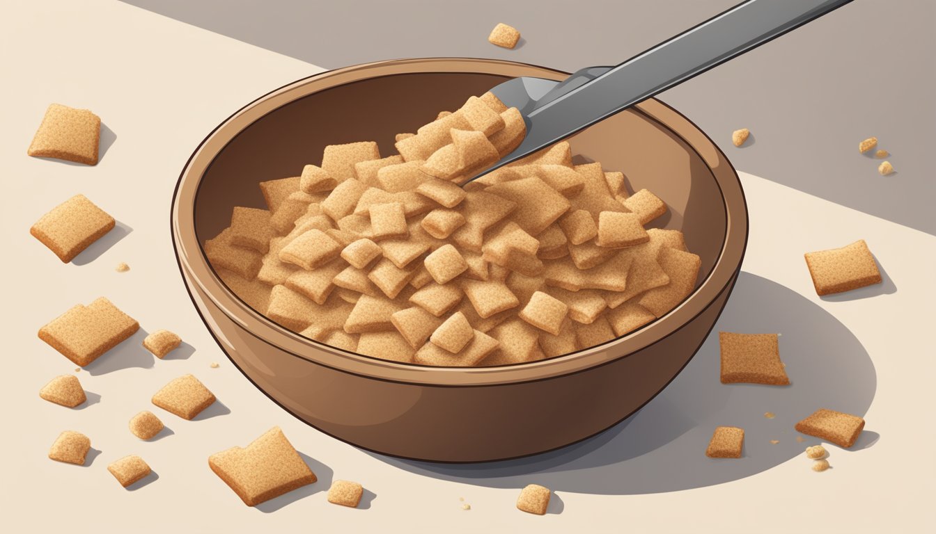 A bowl of Cinnamon Toast Crunch cereal being crushed into fine crumbs, ready to be used as a sweet coating for treats