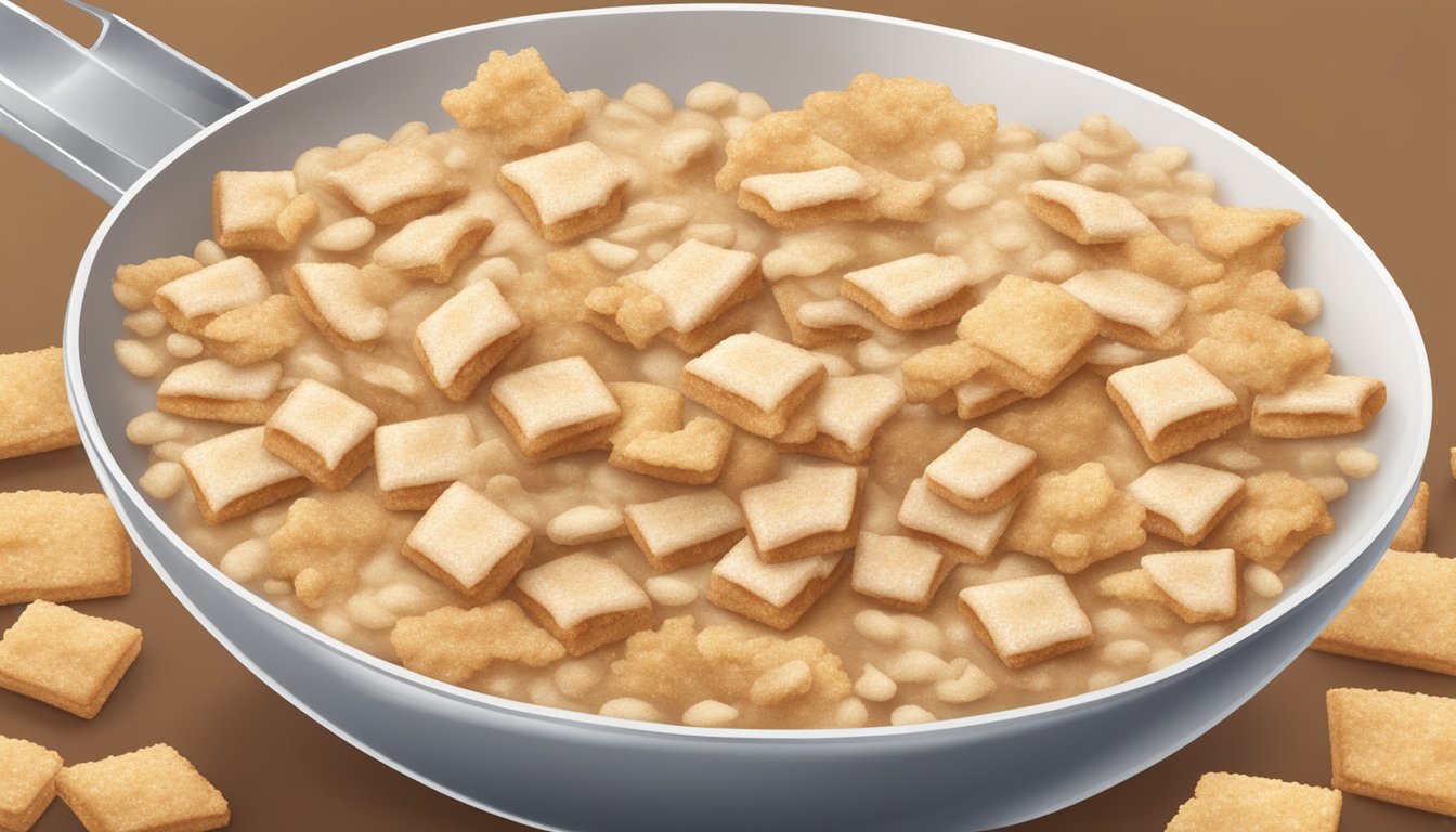 A bowl of Cinnamon Toast Crunch cereal being crushed and mixed with melted butter and sugar to create a sweet coating for baked goods