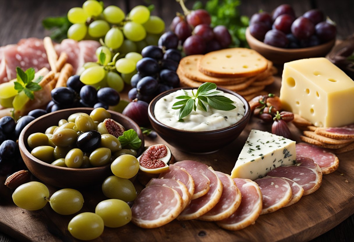 Uma tábua rústica de madeira adornada com uma variedade de frios italianos, queijos, azeitonas e palitinhos de pão. Uvas e figos acrescentam um toque de cor à mesa, enquanto raminhos de ervas frescas proporcionam um toque aromático.