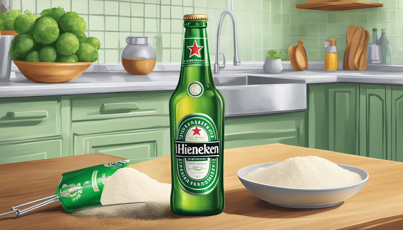 A bottle of Heineken sits on a kitchen counter next to a bowl of flour and a whisk, ready to be used for beer-battered recipes