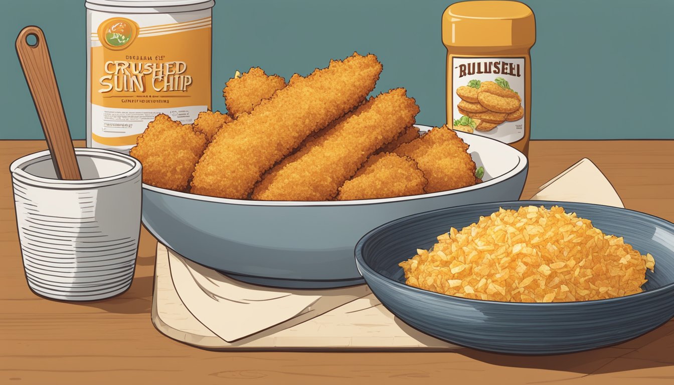 A bowl of crushed Sun Chips sits next to a plate of breaded chicken. A chef's knife and cutting board are nearby