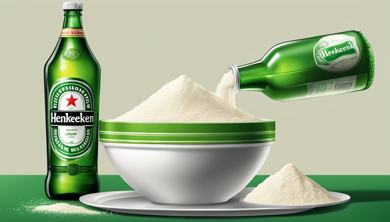 A bottle of Heineken beer pouring into a bowl of flour and other ingredients for beer batter