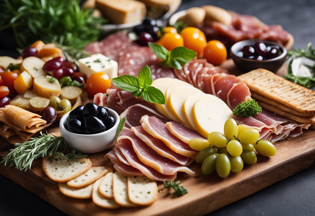 Uma tábua de charcutaria italiana lindamente arranjada, com uma variedade de carnes curadas, queijos, azeitonas e palitinhos de pão, complementada por ervas frescas e frutas coloridas.