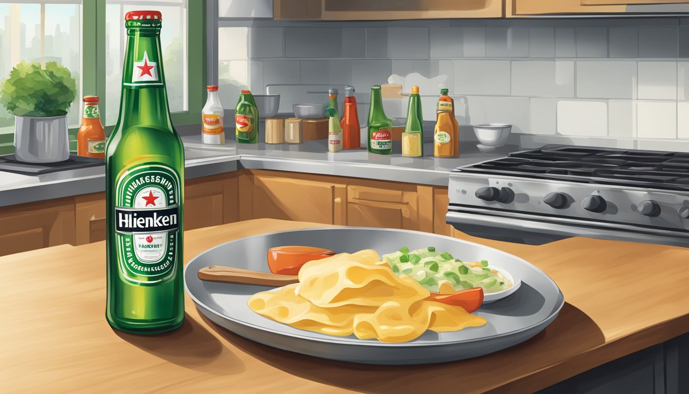 A bottle of Heineken sits next to a bowl of batter and various condiments on a kitchen counter. A frying pan sizzles on the stove