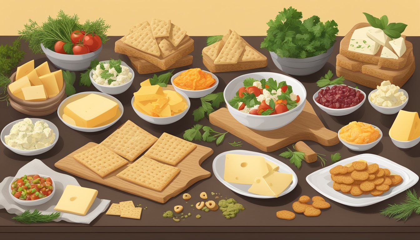 A table spread with various Triscuit appetizers, surrounded by cheese, herbs, and other ingredients for cooking