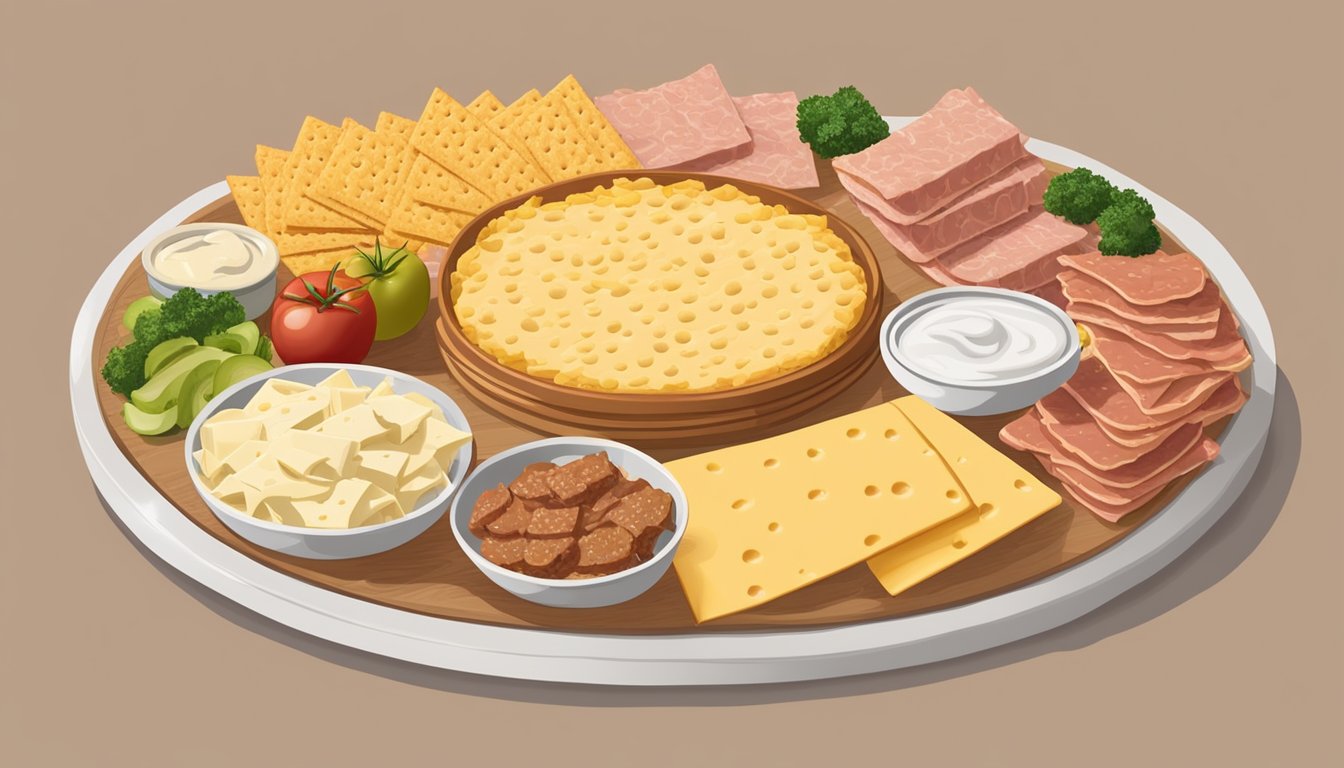 A platter of Triscuits topped with various meats and melted cheese, surrounded by ingredients and cooking utensils