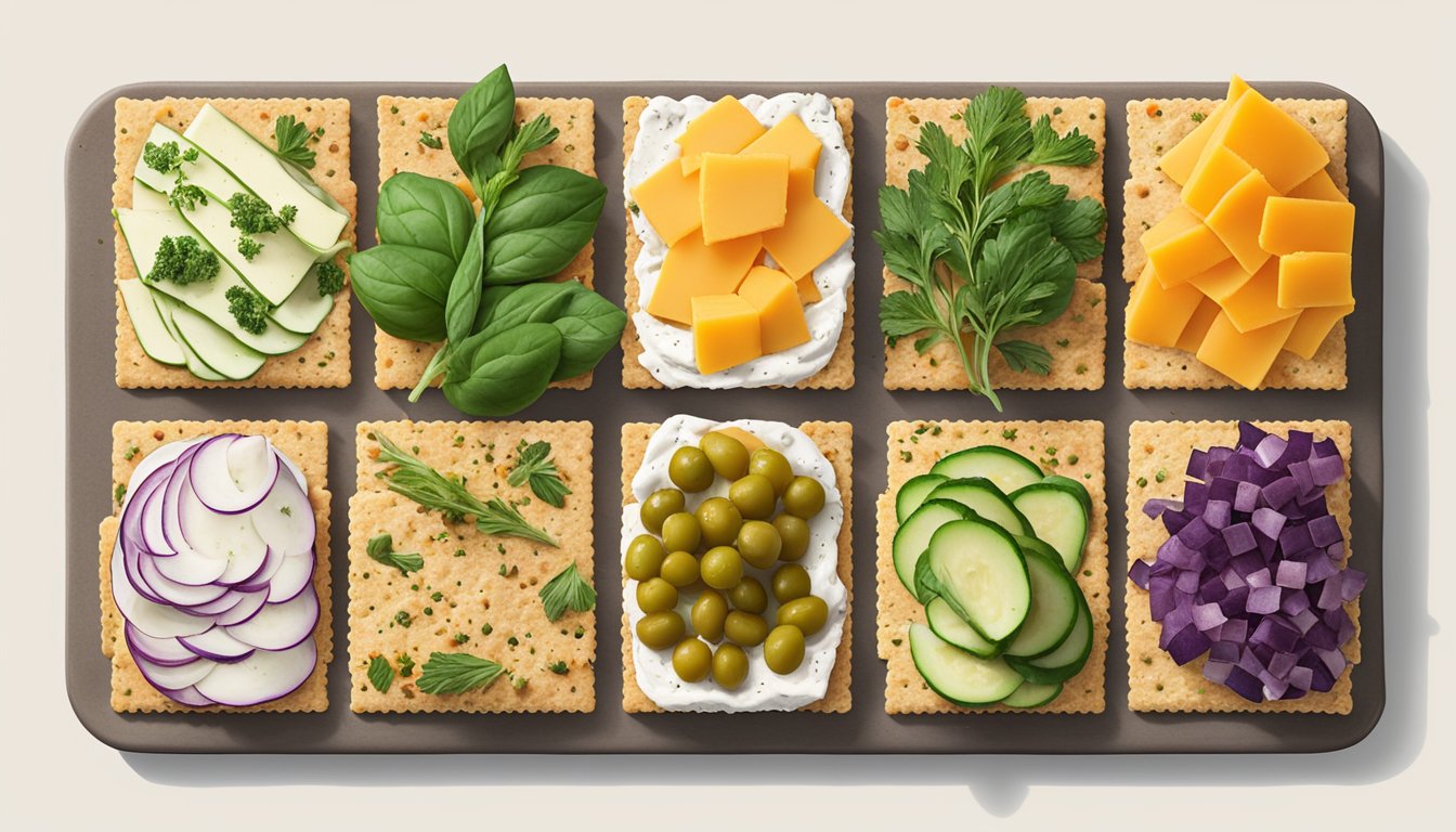 A spread of Triscuits topped with a variety of colorful, plant-based ingredients like vegan cheese, fresh herbs, and roasted vegetables