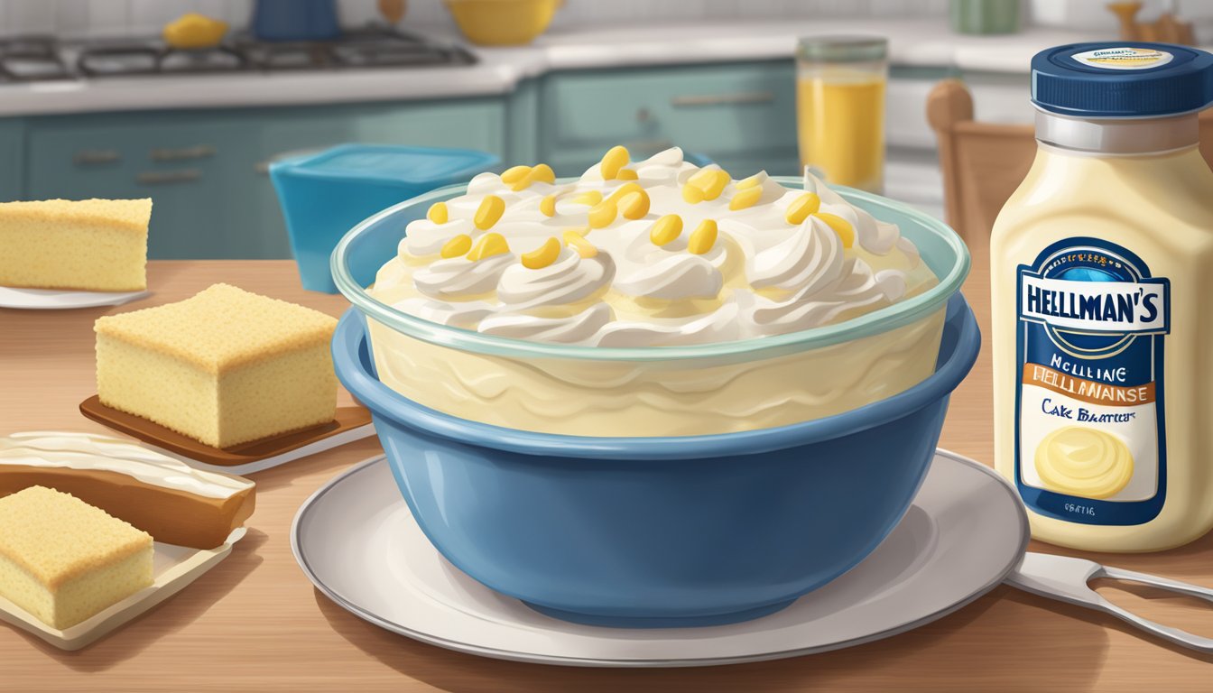 A mixing bowl filled with cake batter, with a jar of Hellmann's mayonnaise next to it. A moist and fluffy cake is being sliced and served on a plate