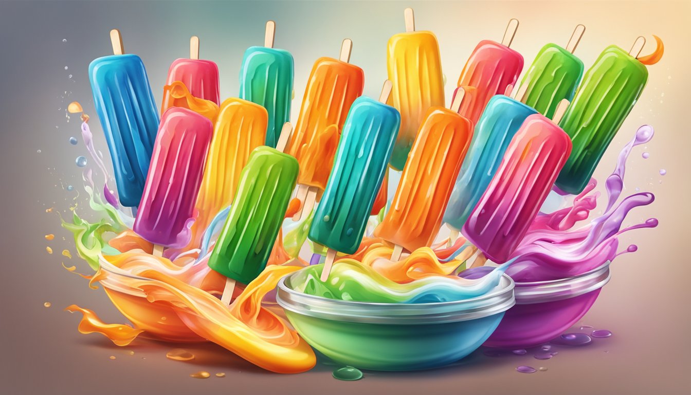 A variety of Popsicles melting into pots of simmering sauces, creating vibrant and colorful swirls