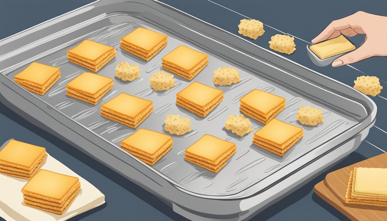 A hand placing Triscuits on a baking sheet, spreading cheese and toppings on each cracker before baking in the oven