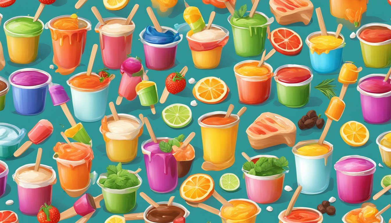 A colorful array of popsicles melting into pots of simmering sauces, with a variety of fresh ingredients and spices scattered around