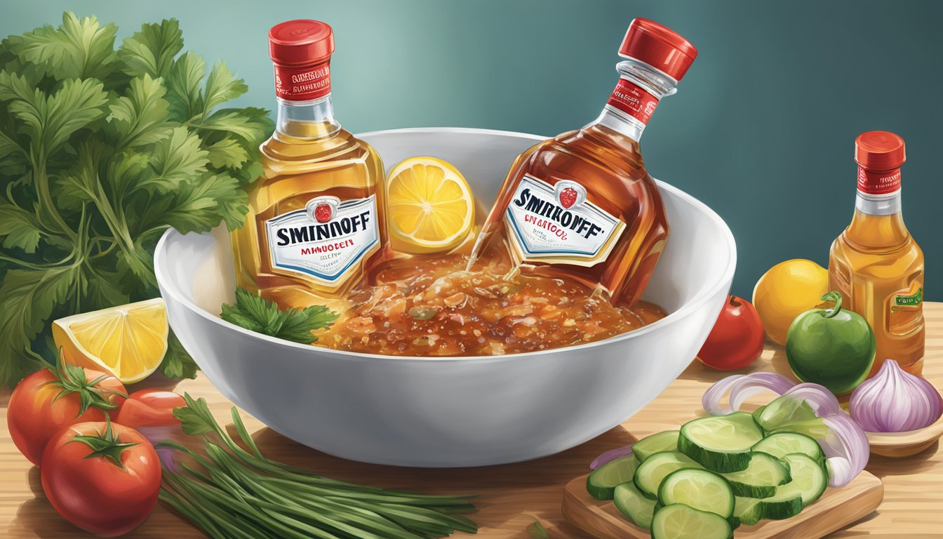 A bottle of Smirnoff Ice pouring into a bowl of marinade ingredients