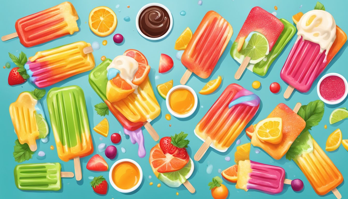 A colorful array of popsicles melting into vibrant sauces, drizzling over a variety of foods on a table