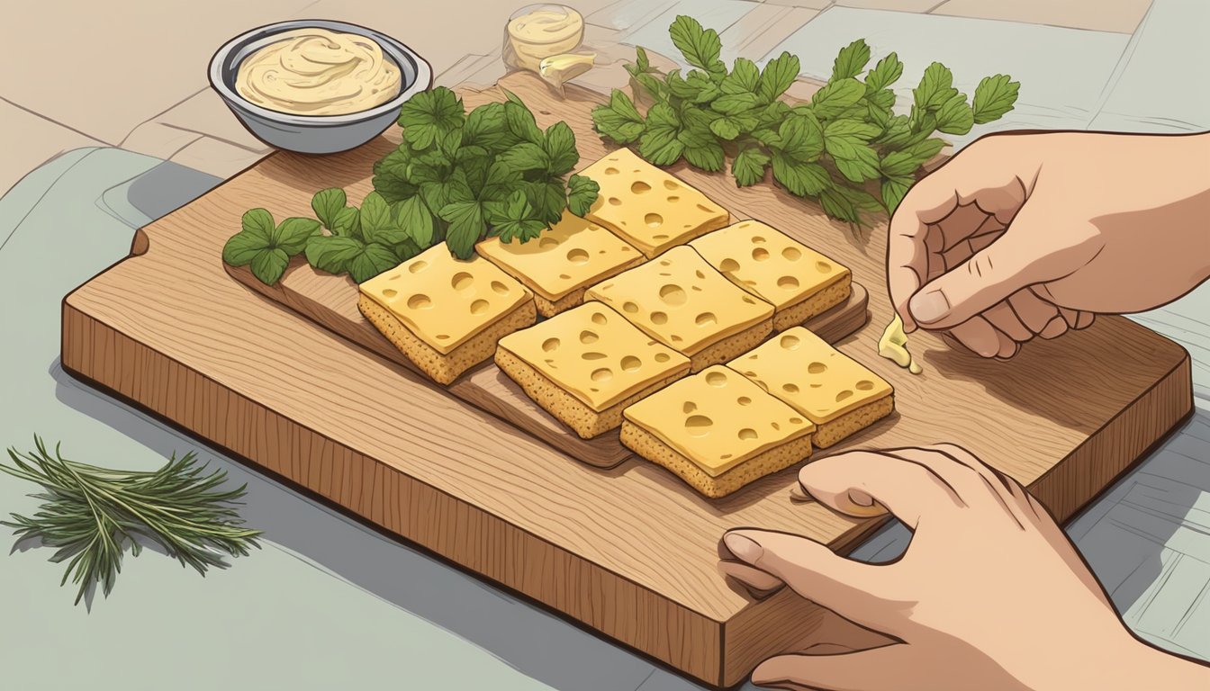 A hand placing a tray of Triscuits topped with melted cheese and herbs onto a wooden serving board