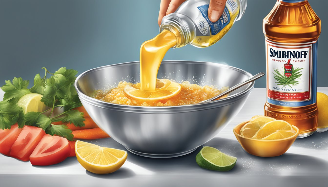 A bottle of Smirnoff Ice pouring into a bowl of marinade ingredients