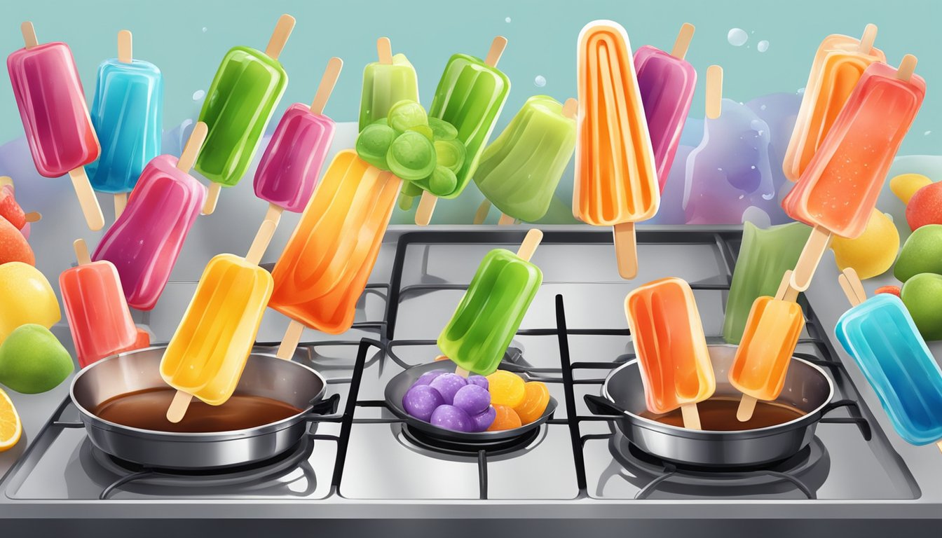 A colorful array of popsicles melting into pots of simmering sauces on a stovetop. Fruits and vegetables are neatly arranged nearby