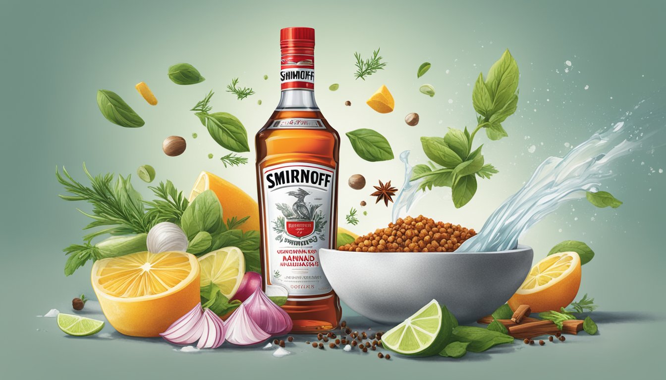 A bottle of Smirnoff Ice pouring into a bowl of marinade ingredients with spices and herbs scattered around