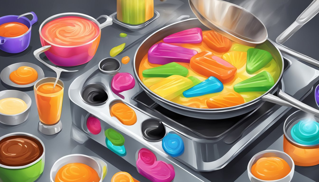 A colorful array of melted popsicles being stirred in various pots and pans over a hot stove, creating vibrant and sweet sauces