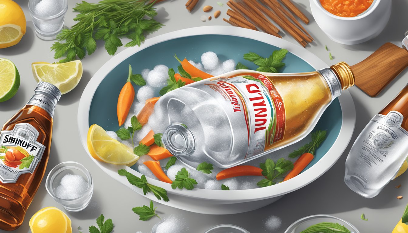 A bottle of Smirnoff Ice pouring into a bowl of marinade ingredients, with herbs and spices scattered around