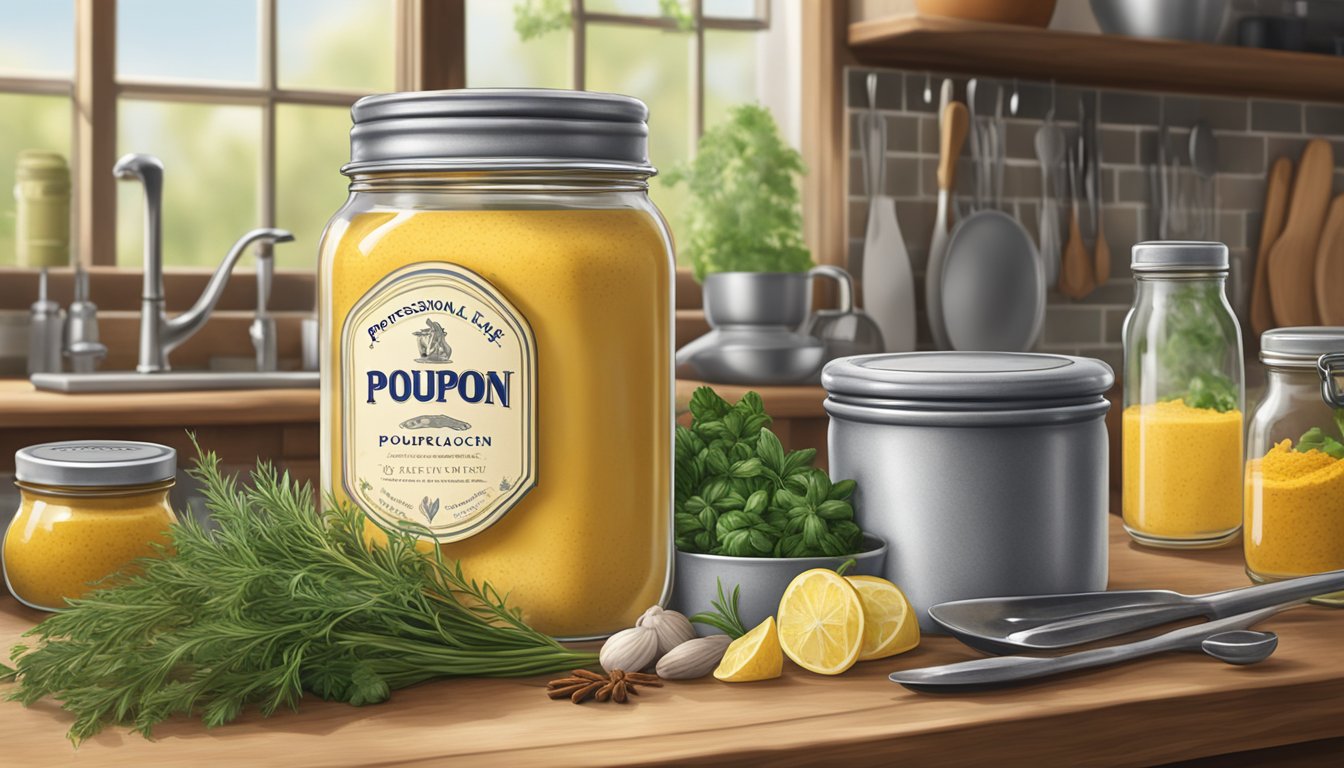 A jar of Grey Poupon sits on a rustic kitchen counter, surrounded by fresh herbs, spices, and a variety of cooking utensils