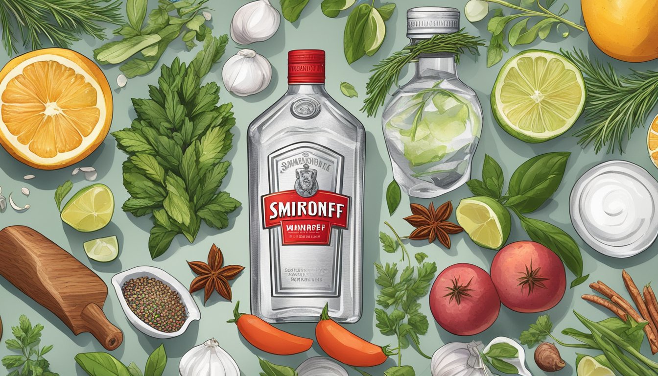 A bottle of Smirnoff Ice surrounded by various ingredients like herbs, spices, and meats, all ready to be used for boozy marinades