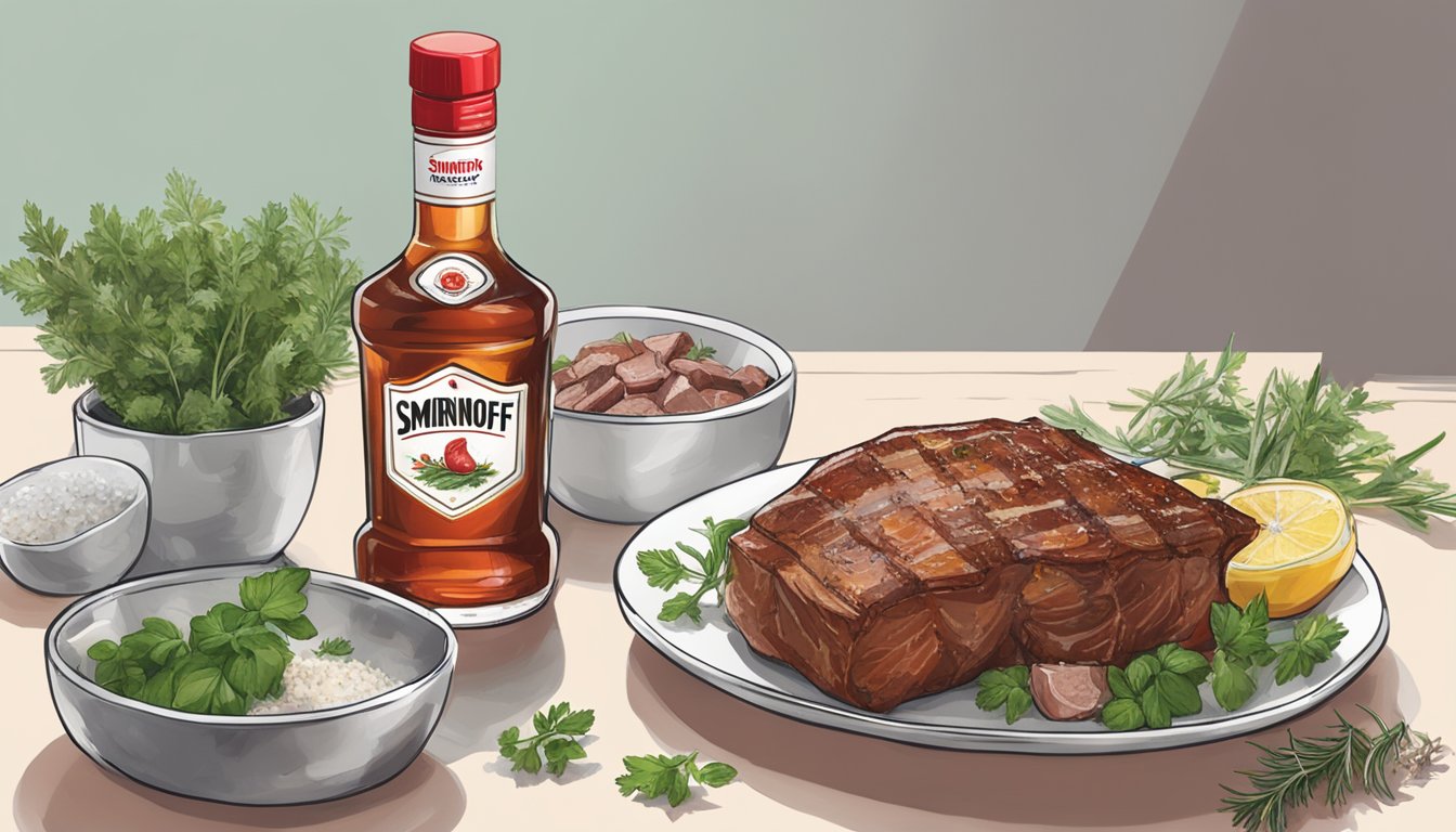 A bottle of Smirnoff Ice next to a bowl of marinating meat, with various herbs and spices scattered around