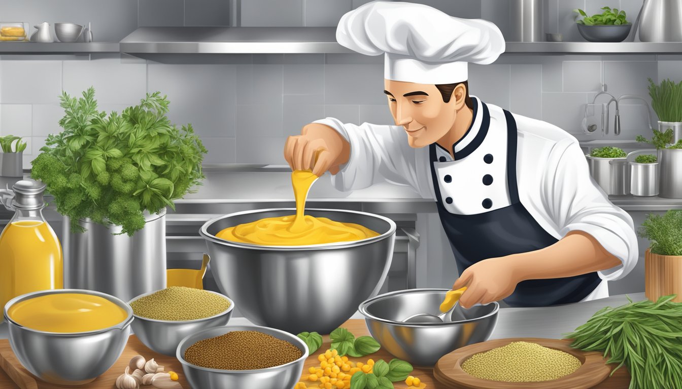 A chef pouring Grey Poupon mustard into a stainless steel mixing bowl, surrounded by fresh herbs, spices, and other high-quality ingredients