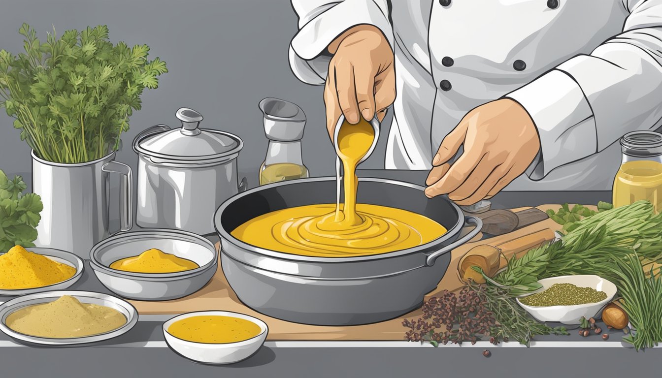 A chef's hand pours Grey Poupon into a simmering pot of gourmet mustard sauce, surrounded by various fresh herbs and spices