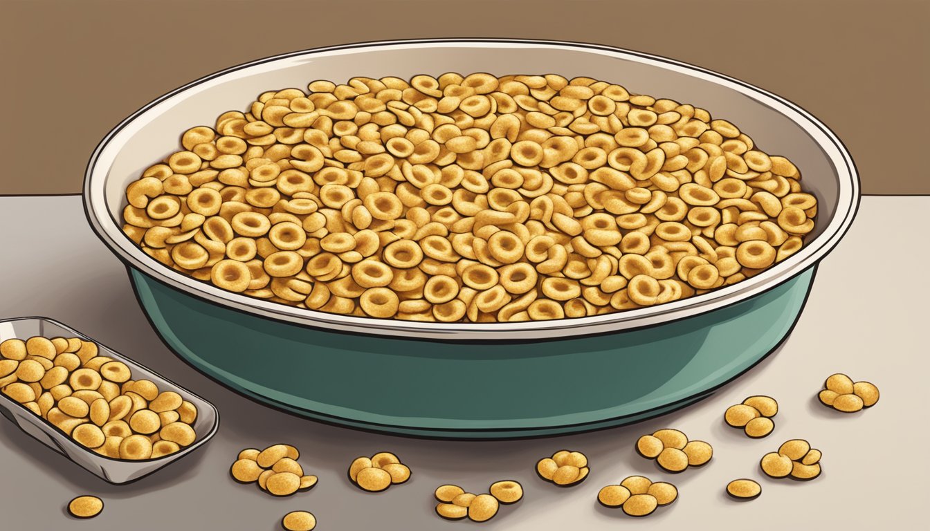 A bowl of crushed Cheerios mixed with melted butter in a pie dish, ready to be pressed into a crust