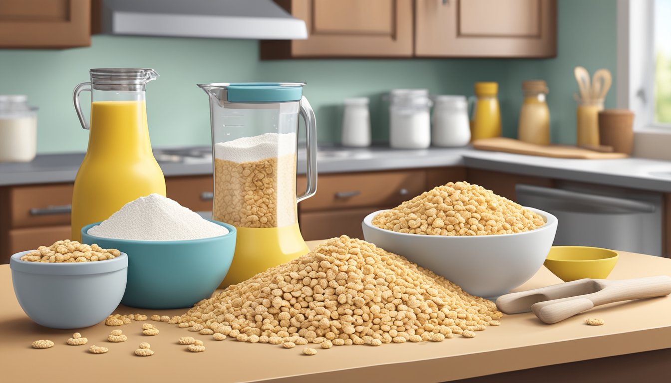 A kitchen counter with a mixing bowl filled with crushed Cheerios, gluten-free flour, and butter, surrounded by measuring cups and a rolling pin