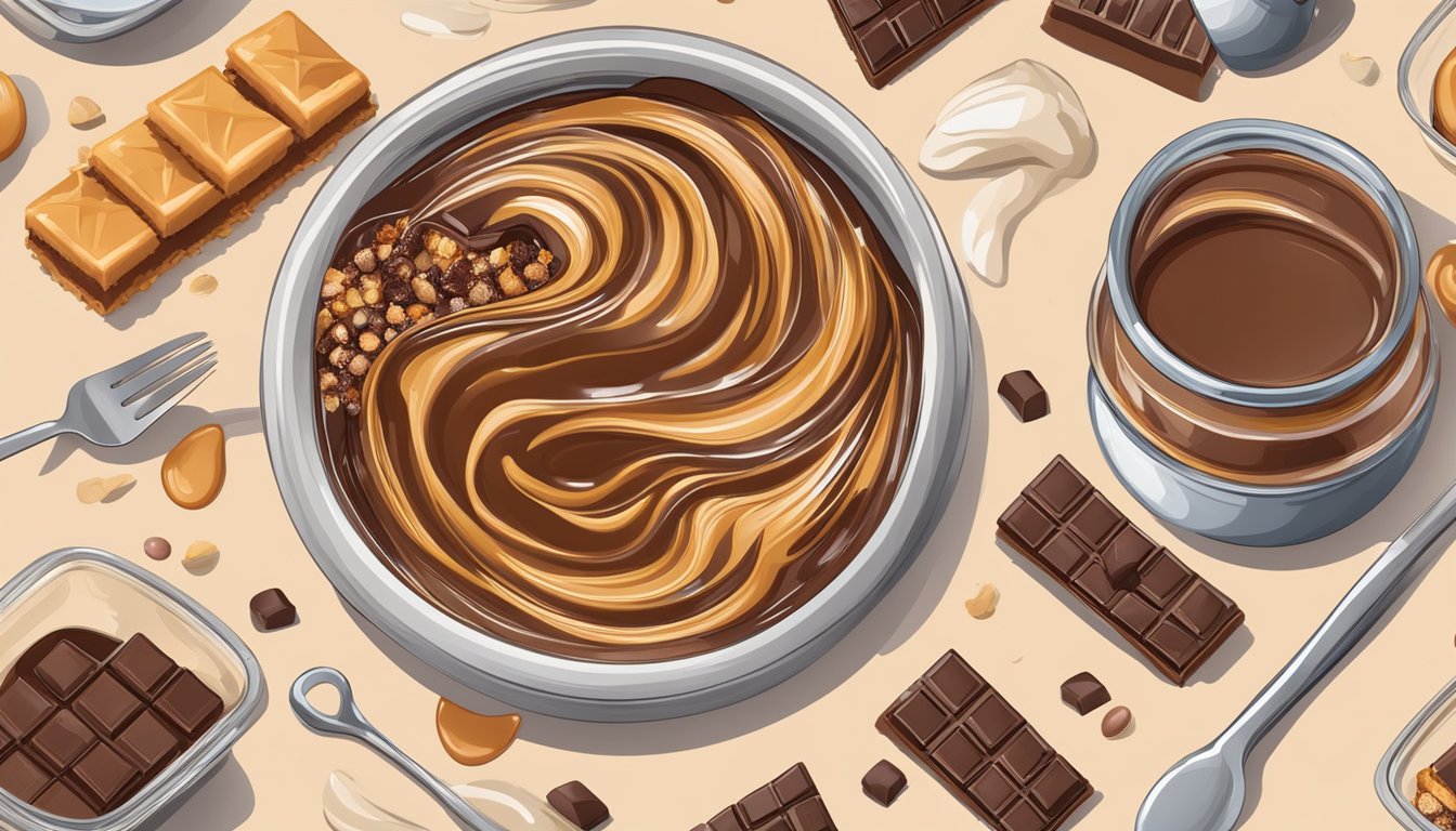 A bowl of melted caramel and chocolate, with Twix bars scattered around, surrounded by baking ingredients and utensils