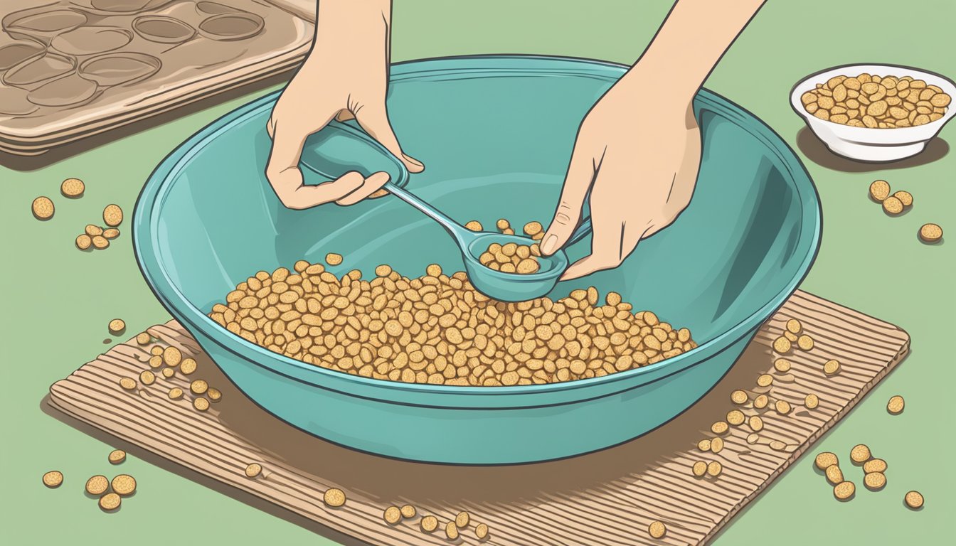 A hand pressing a mixture of crushed Cheerios into a pie dish, ready to be baked for a gluten-free crust