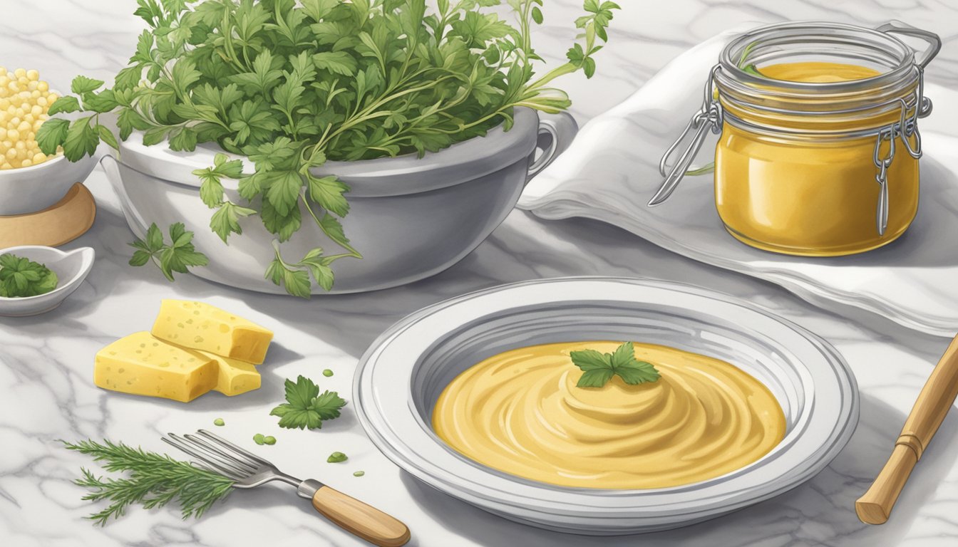 A jar of Grey Poupon sits on a marble countertop, surrounded by fresh herbs, a whisk, and various cooking utensils. A recipe book is open to a page on gourmet mustard sauces