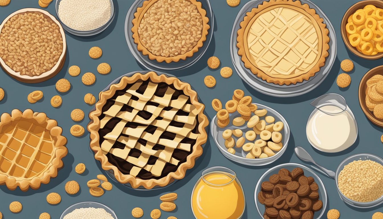 A variety of pies surrounded by Cheerios, oats, and baking ingredients on a kitchen counter