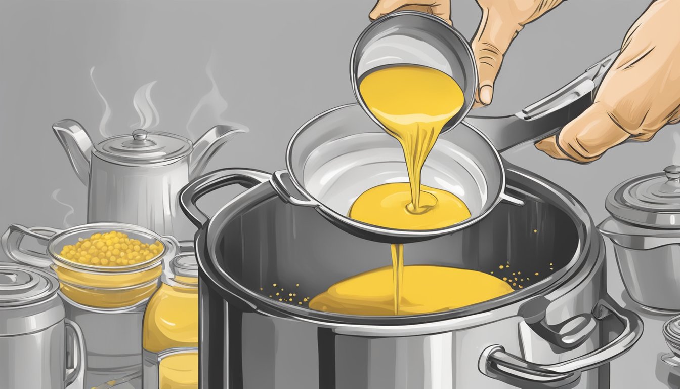 A chef's hand pouring Grey Poupon into a simmering pot of ingredients for gourmet mustard sauces