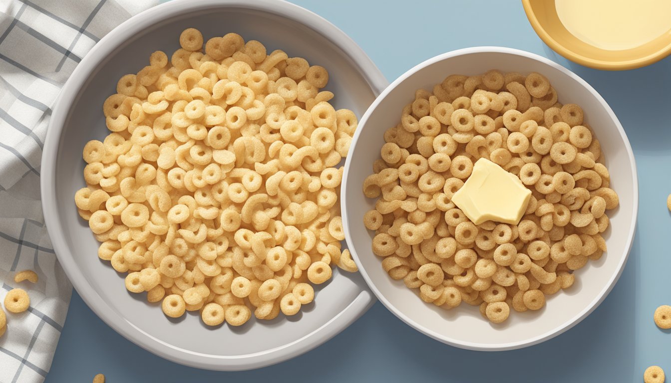 A mixing bowl filled with crushed Cheerios, butter, and sugar, next to a pie dish lined with the gluten-free crust