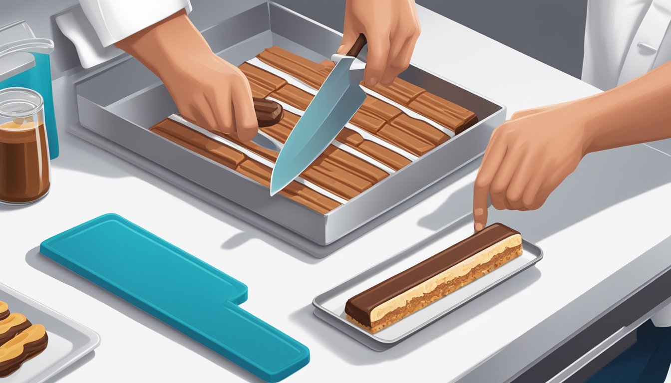 A chef slicing a Twix bar with a sharp knife on a clean, white cutting board next to a refrigerator filled with ingredients