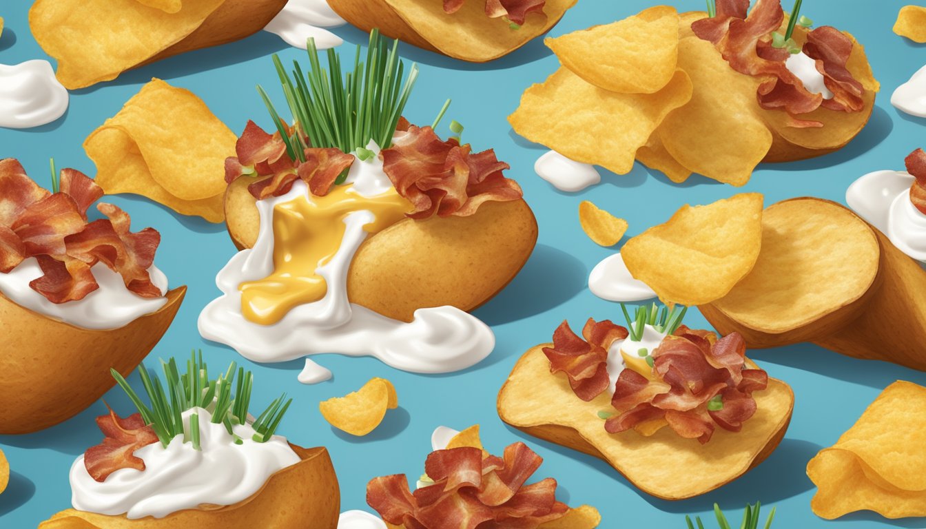 A bag of Ruffles potato chips being crushed and sprinkled over a loaded baked potato, with sour cream, cheese, bacon, and chives