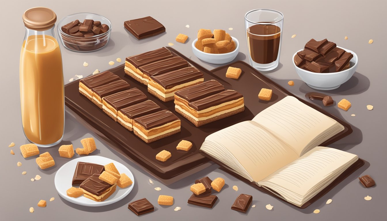 A kitchen counter with a pile of Twix bars, a recipe book open to a caramel-chocolate dessert page, and various baking ingredients scattered around