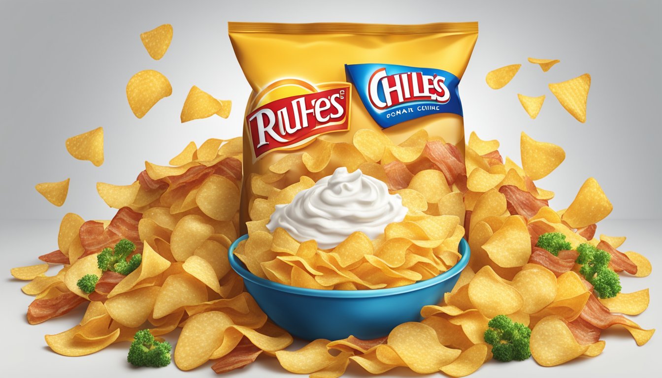 A bag of Ruffles chips pouring onto a pile of loaded potato dishes, surrounded by essential ingredients like bacon, cheese, and sour cream